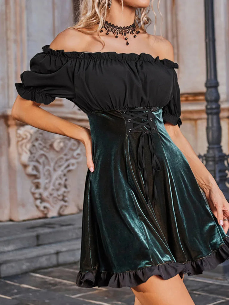 Gothic Contrast Velvet Dress Off Shoulder Ruffled Hem Dress SCARLET DARKNESS