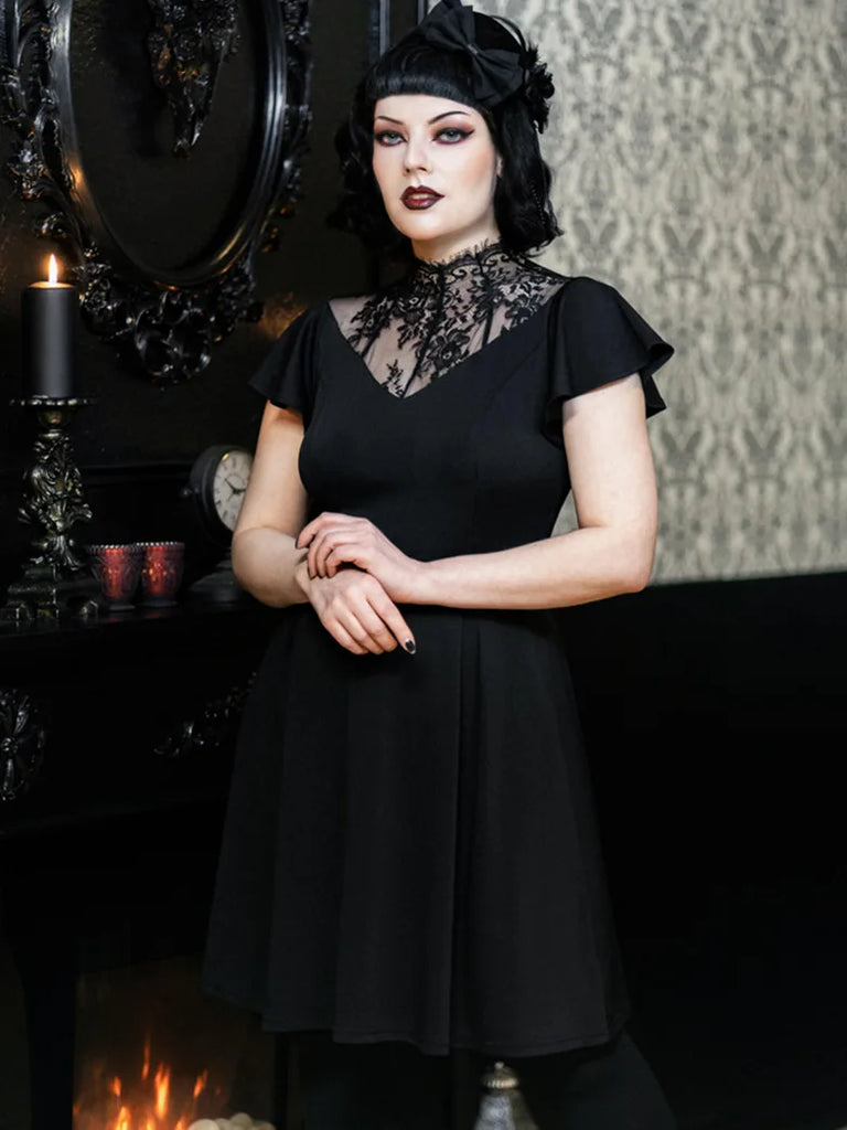 Plus size Gothic Flutter Sleeve Lace Neck A-Line Dress Scarlet Darkness