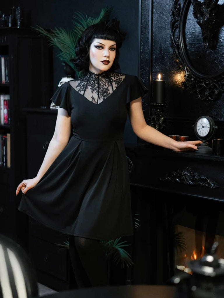 SCARLET DARKNESS Women's Gothic Dresses Plus Size Lace Splice Skater Dress  Black