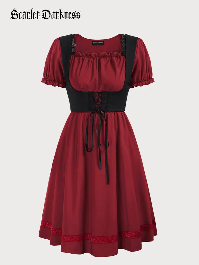 Square Neck Short Sleeve V-Back Girdle A-Line Dress Scarlet Darkness