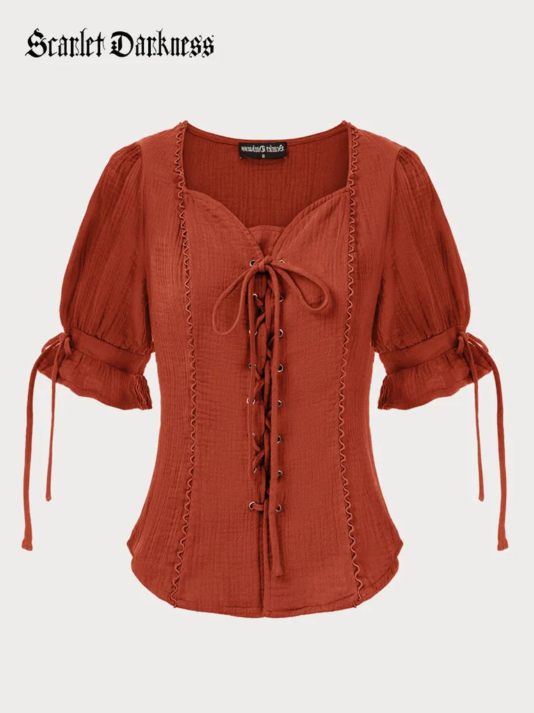 Sweetheart Collar Comfy Cotton Lacing Tops SCARLET DARKNESS