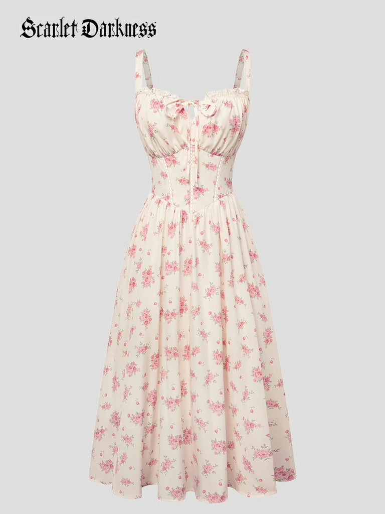Scarlet Darkness Spring Victorian Floral Pockets Corset Milkmaid Dress Pink