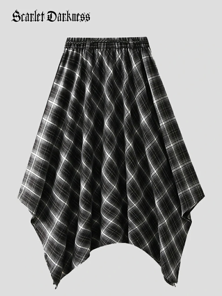 Scarlet Darkness 2025 Retro Plaid Irregular Midi Skirt with Tie