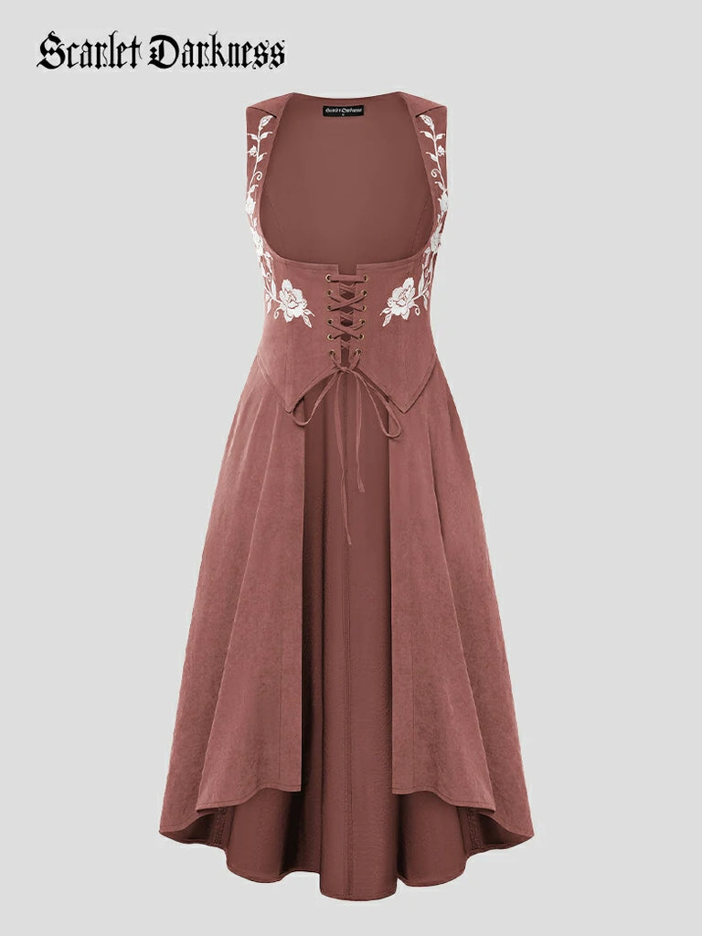 Scarlet Darkness Renaissance Warrior Rose-embroidered Hooded Vest Dress