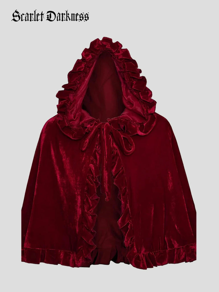 Scarlet Darkness Little Red Riding Hood Velvet Pleated Lace Cape