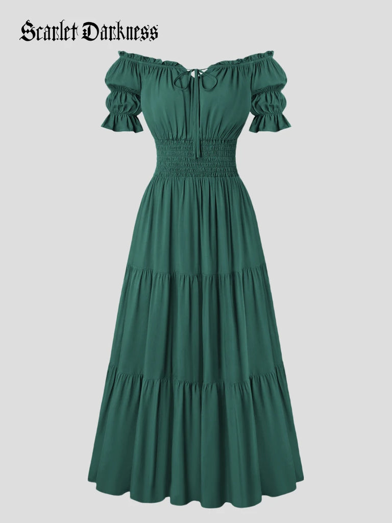 smocked dress off shoulder Women's Off Shoulder Puff Sleeve Smocked Waist Maxi Dress