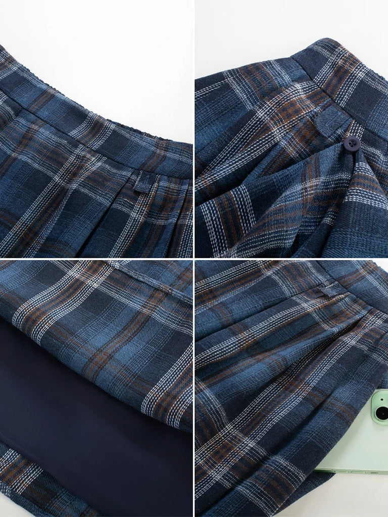 Scarlet Darkness Women Plaided Buckle up Flared Swing Maxi Skirt