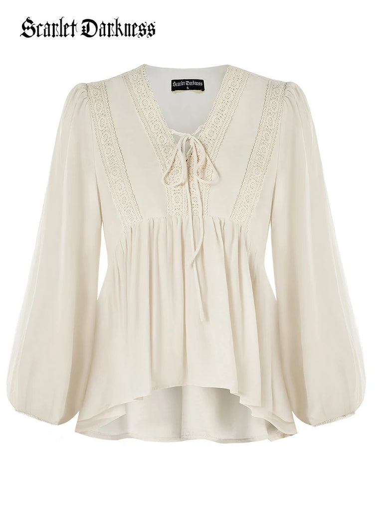 Scarlet Darkness Casual Renaissance Embroidered Long Sleeve Tops Apricot