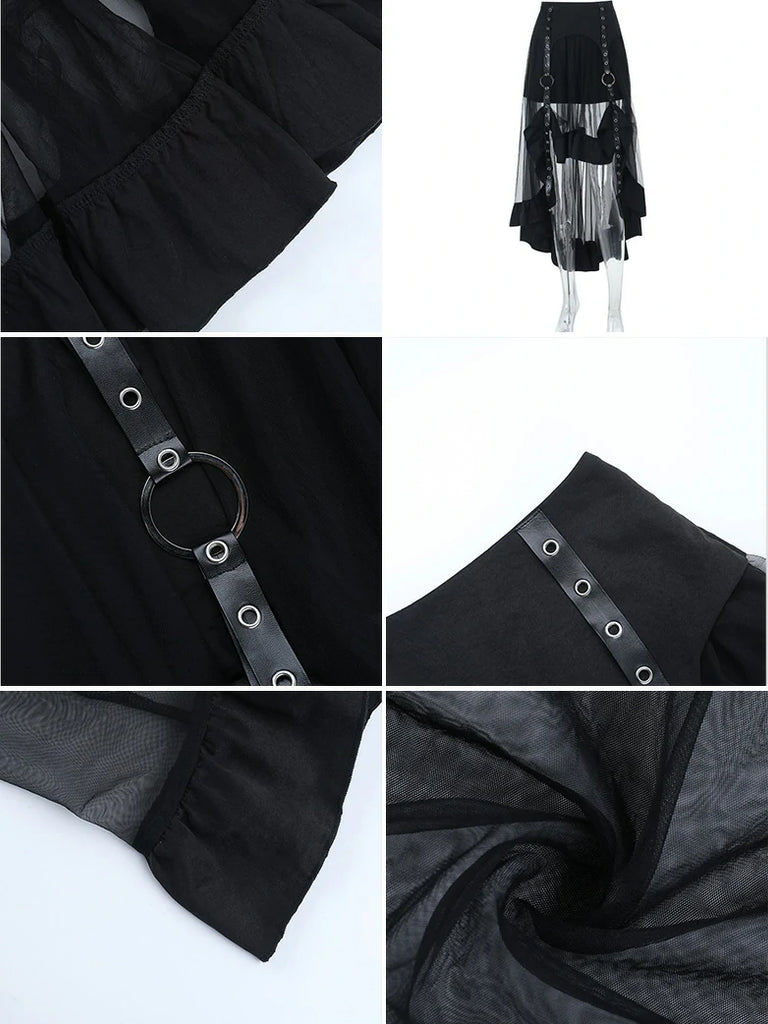 Scarlet Darkness Black Gothic Irregular Mesh Midi Skirt