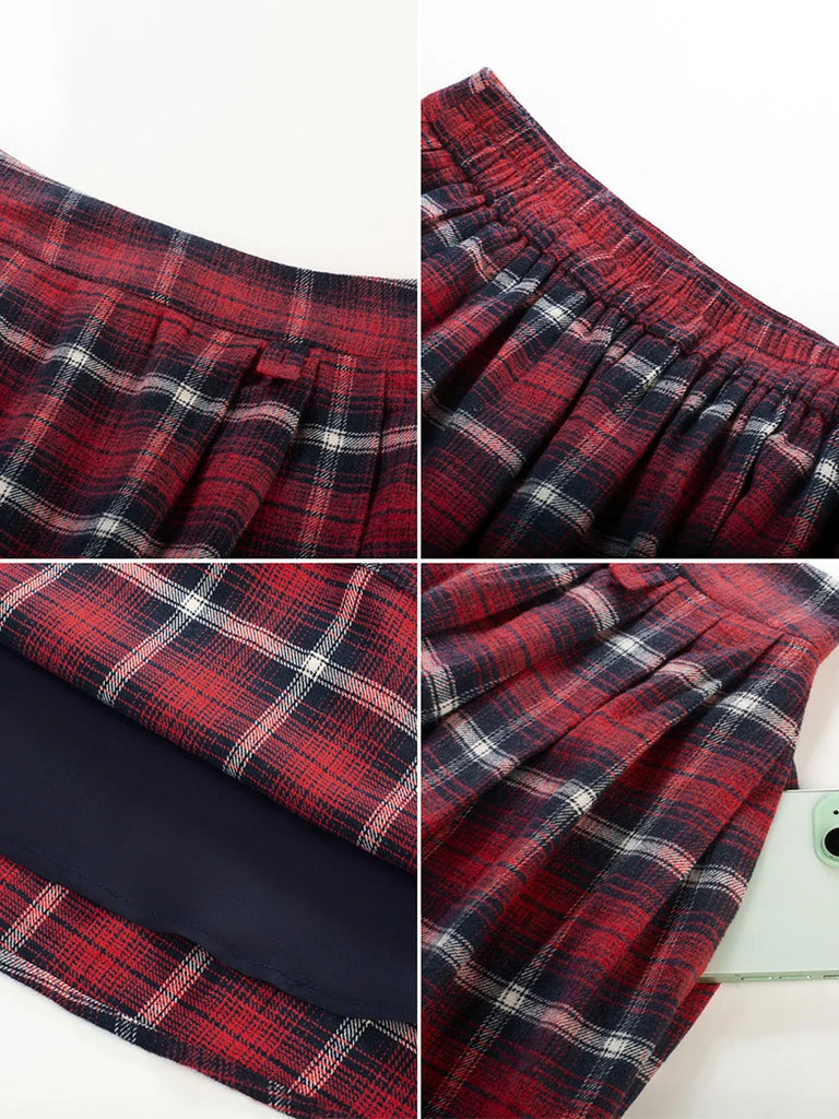 Scarlet Darkness Women Plaided Buckle up Flared Swing Maxi Skirt