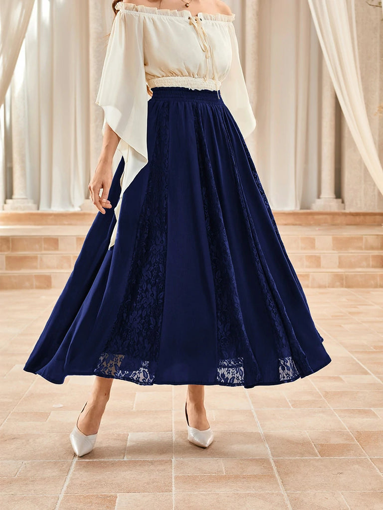 Scarlet Darkness Renaissance Lace Swing Maxi Skirt with Pockets