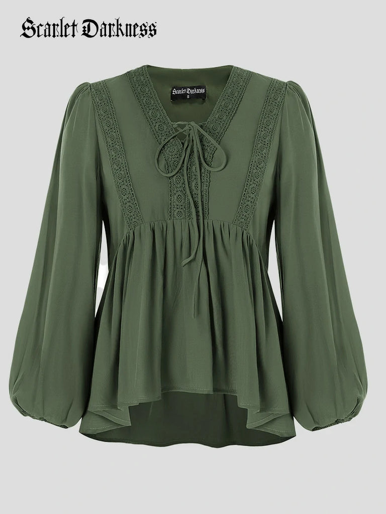 Scarlet Darkness Casual Renaissance Embroidered Long Sleeve Tops Green