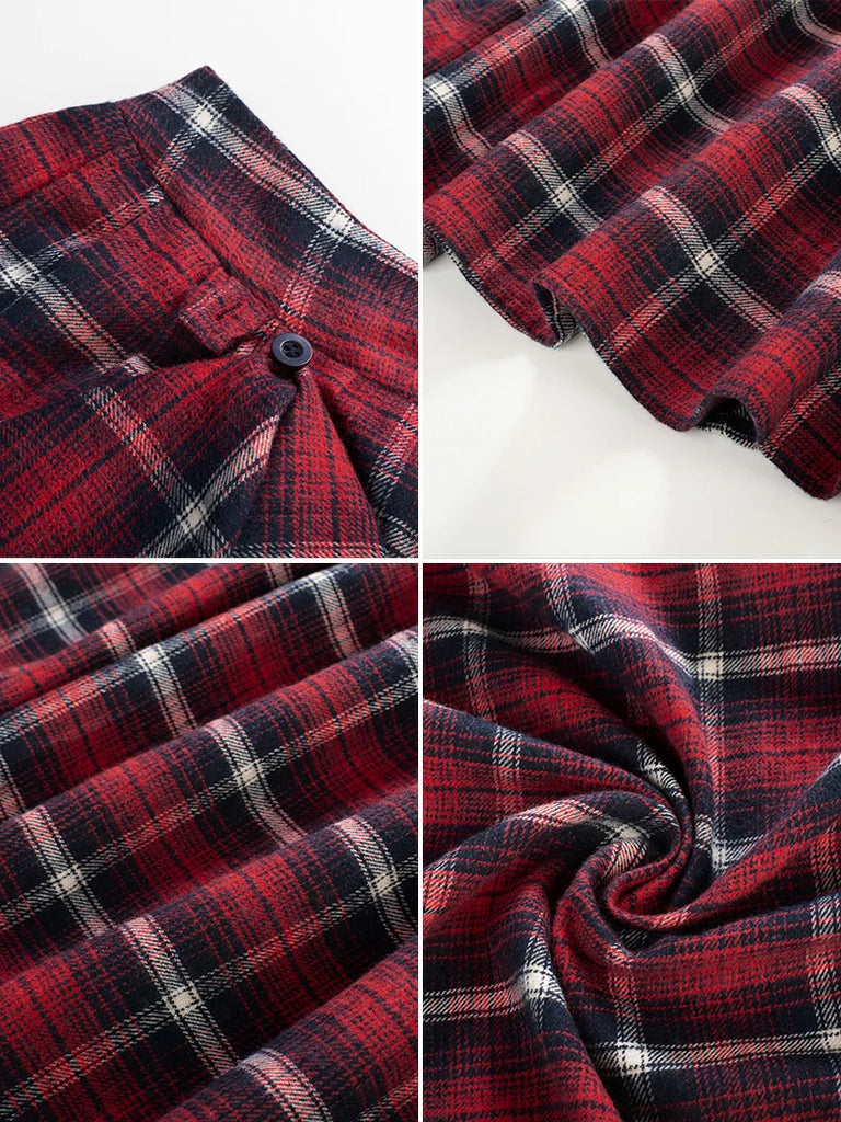 Scarlet Darkness Women Plaided Buckle up Flared Swing Maxi Skirt