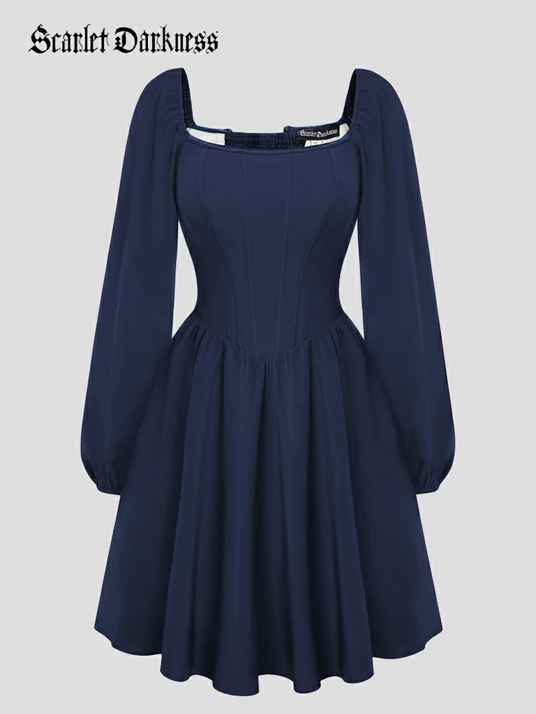 Scarlet Darkness Victorian Cocktail Party Corset Dress with Pockets Blue