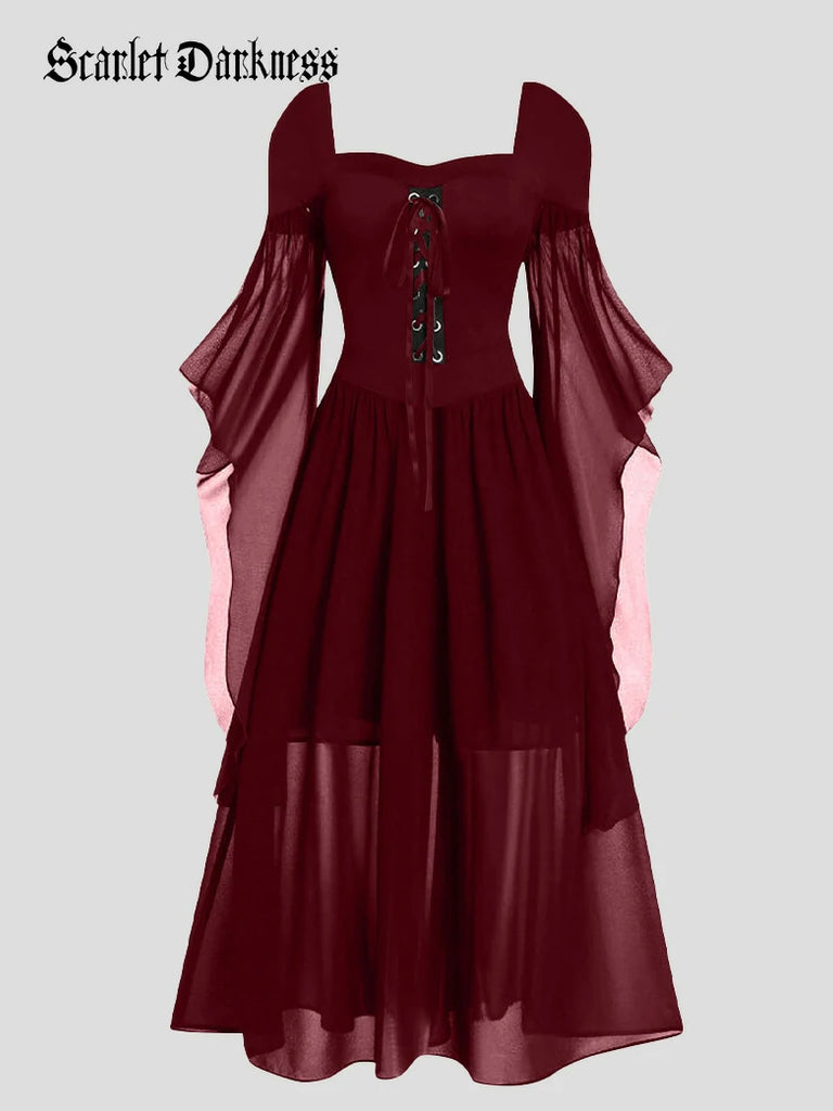 Scarlet Darkness 2025 Halloween Witch Fairy Tie-Strap Long Dress Red