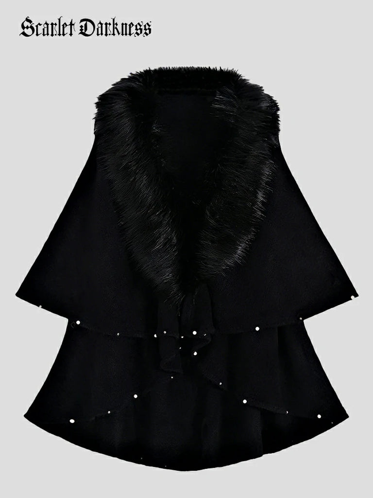 Scarlet Darkness Christmas Victorian Fur Collar Cape Shawl with Pearl Black 70cm Length * 180cm Chest