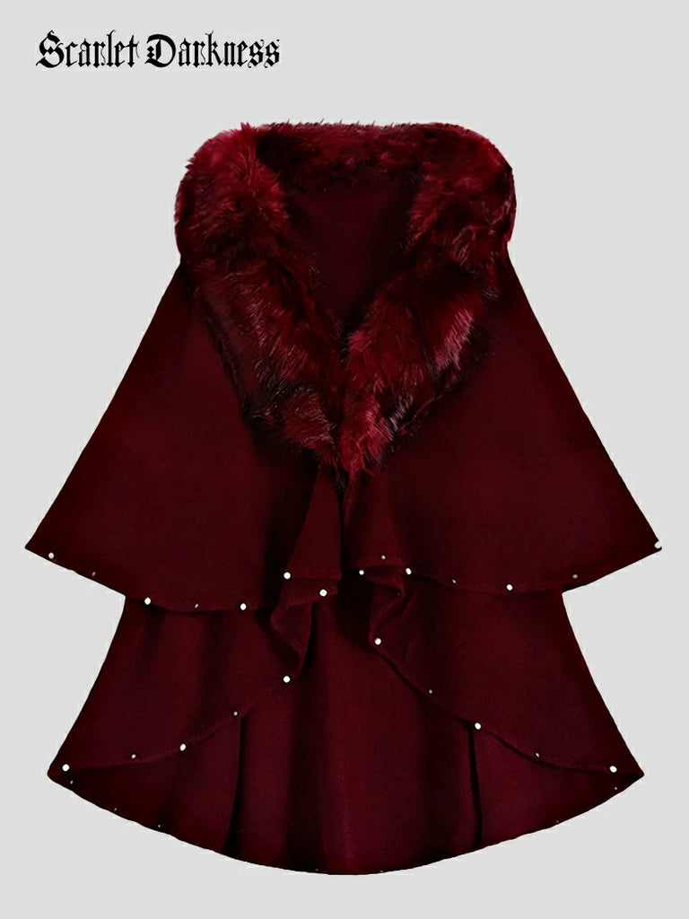 Scarlet Darkness Christmas Victorian Fur Collar Cape Shawl with Pearl Scarlet Darkness