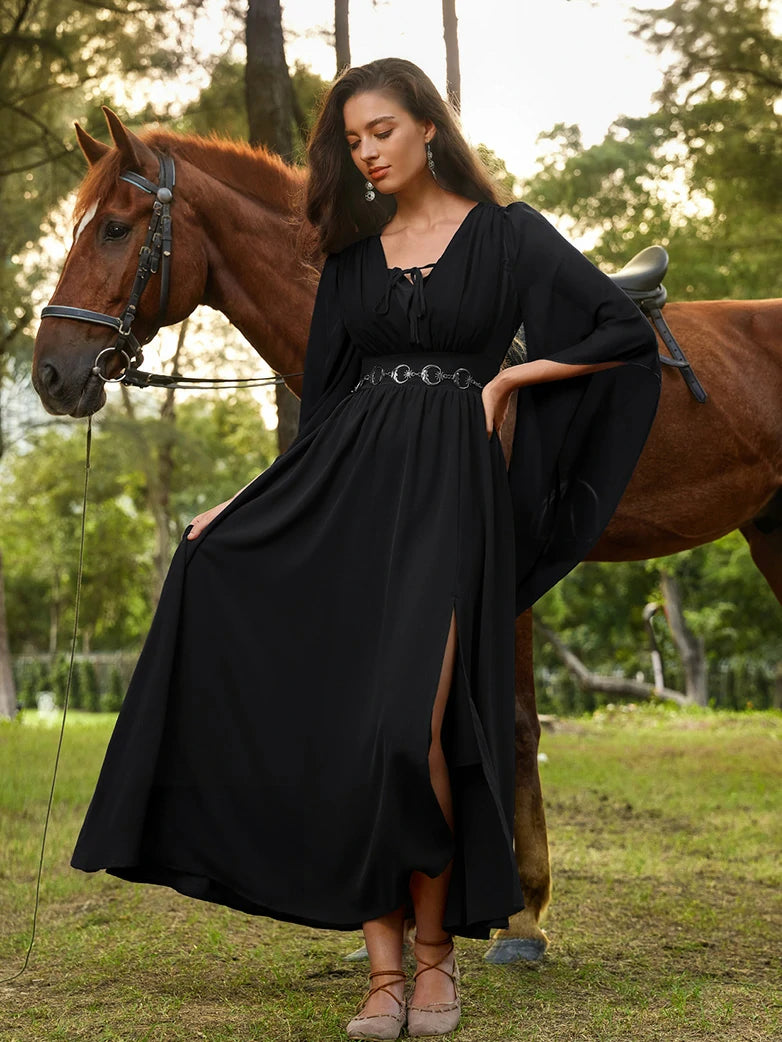 scarlet darkness dress Renaissance Fantasy Front Slit Maxi Pockets Deep scarlet hue with Shirt Dress Women's Cotton Size:US size 4 Discontinued