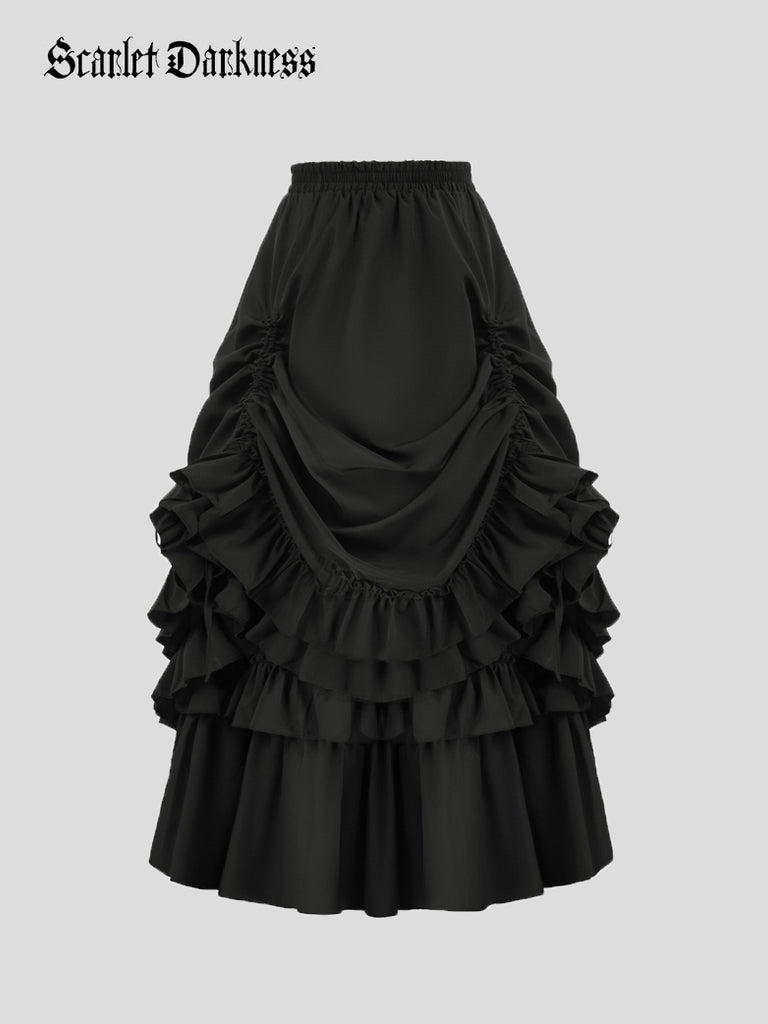 Layered Ruffled Hem Adjustable A-Line Skirt SCARLET DARKNESS