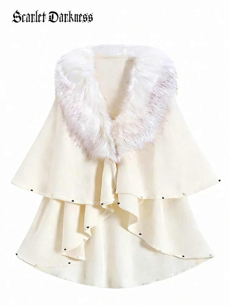 Scarlet Darkness Christmas Victorian Fur Collar Cape Shawl with Pearl White 70cm Length * 180cm Chest