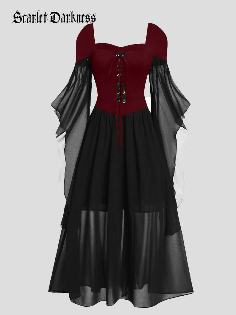 Scarlet Darkness 2025 Halloween Witch Fairy Tie-Strap Long Dress Wine