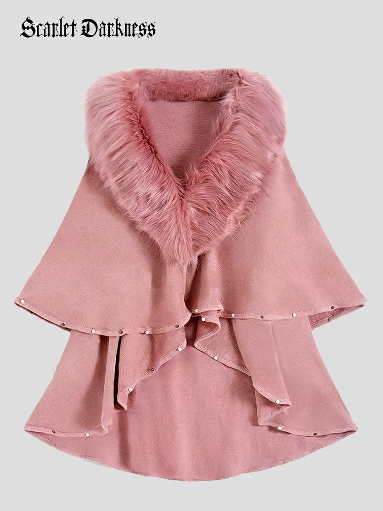 Scarlet Darkness Christmas Victorian Fur Collar Cape Shawl with Pearl Pink 70cm Length * 180cm Chest
