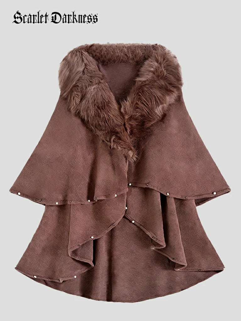 Scarlet Darkness Christmas Victorian Fur Collar Cape Shawl with Pearl Coffee 70cm Length * 180cm Chest
