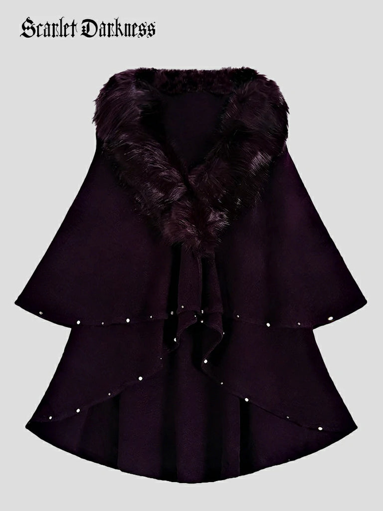 Scarlet Darkness Christmas Victorian Fur Collar Cape Shawl with Pearl Purple 70cm Length * 180cm Chest