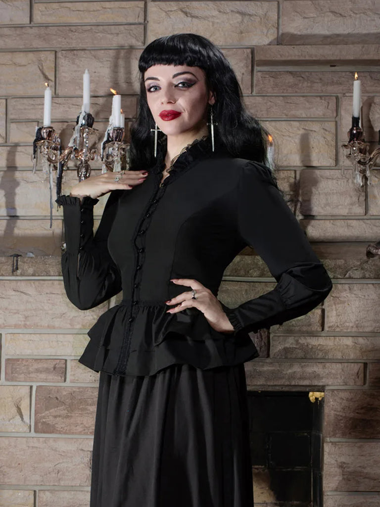 Long Sleeve Button Stand Collar Corset Lacing Tops SCARLET DARKNESS