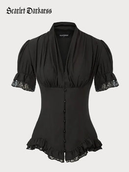 Victorian Pleated Shirt Lace Up Work Blouse SCARLET DARKNESS