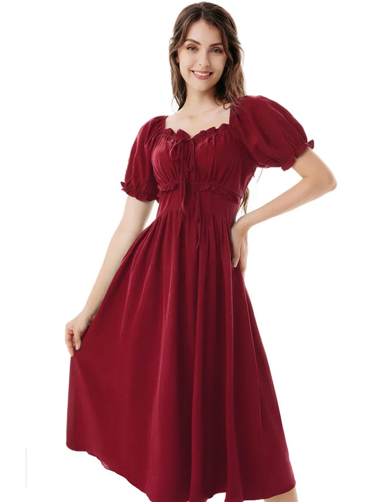Victorian Midi Dress Puffed Square V-Neck A-Line Dress Scarlet Darkness