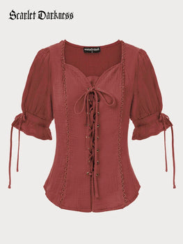Sweetheart Collar Comfy Cotton Lacing Tops
