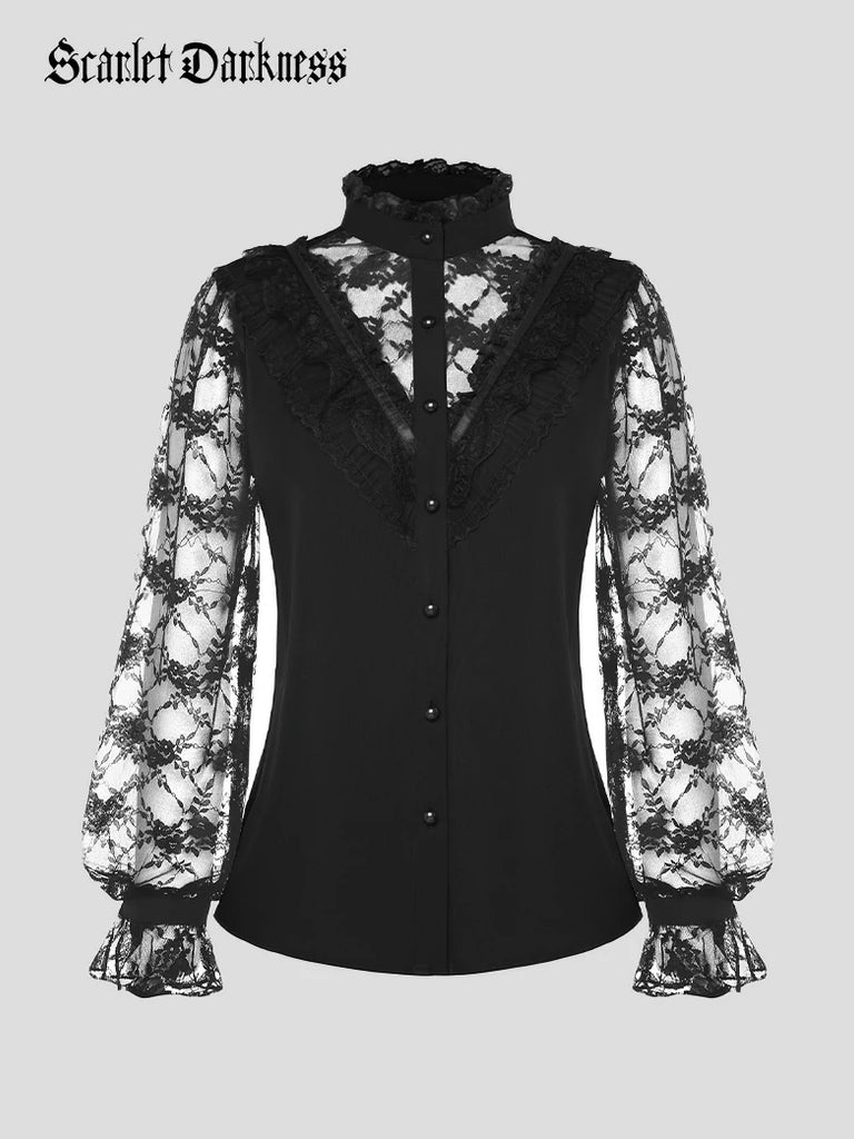 Scarlet Darkness Victorian Lace Patchwork Stand Collar Shirt Tops Black