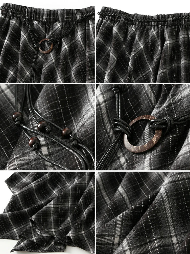 Scarlet Darkness 2025 Retro Plaid Irregular Midi Skirt with Tie