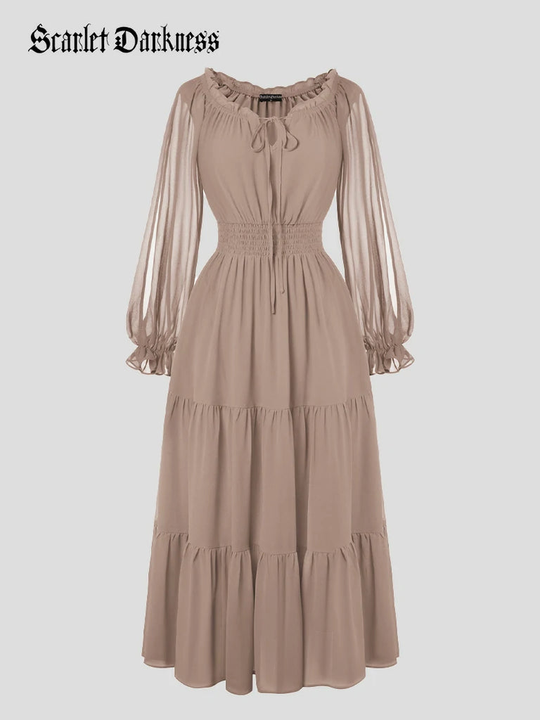 Scarlet Darkness Renaissance Chiffon Sleeve Elastic Waist Pocket Dress