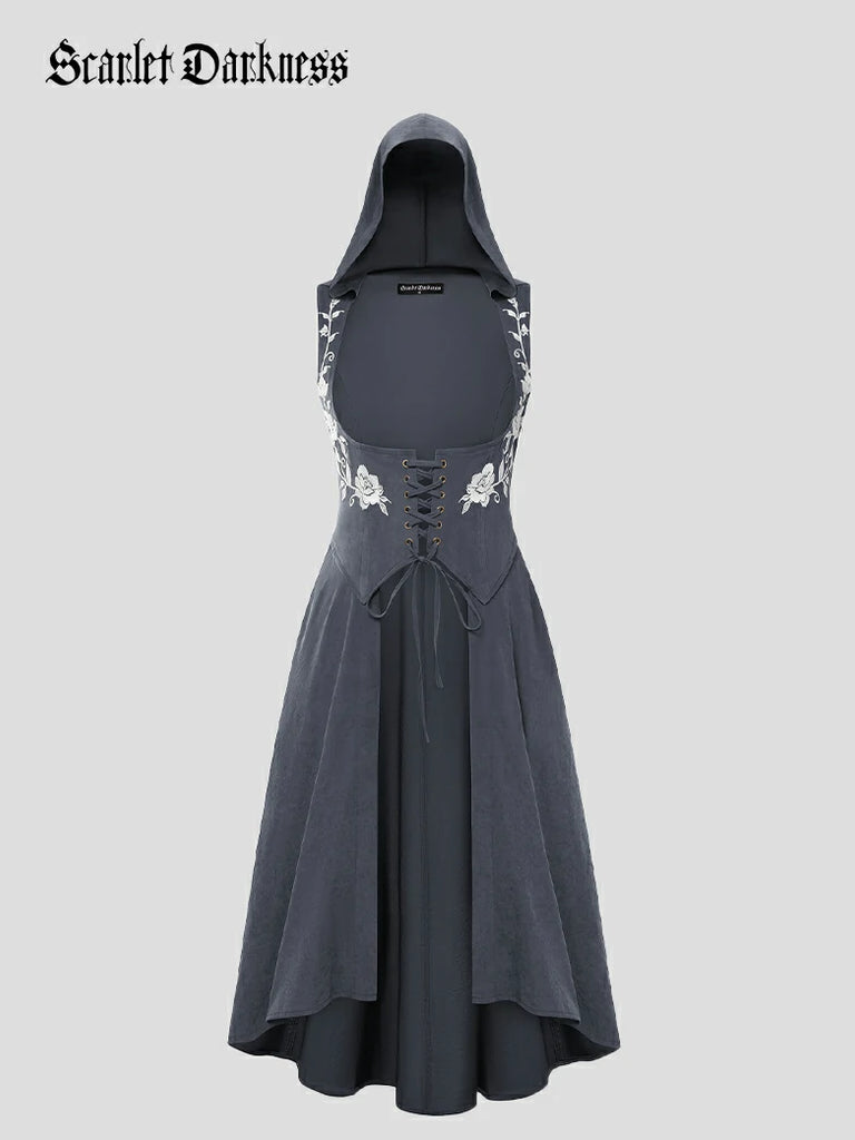 Scarlet Darkness Renaissance Warrior Rose-embroidered Hooded Vest Dress Blue