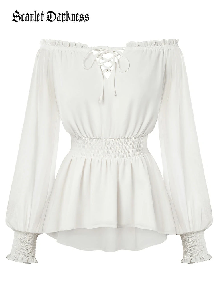 Scarlet Darkness Renaissance Fitted Long Sleeve Off-Shoulder Top White