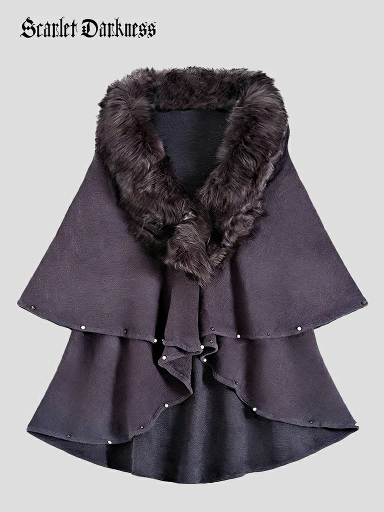 Scarlet Darkness Christmas Victorian Fur Collar Cape Shawl with Pearl Grey 70cm Length * 180cm Chest