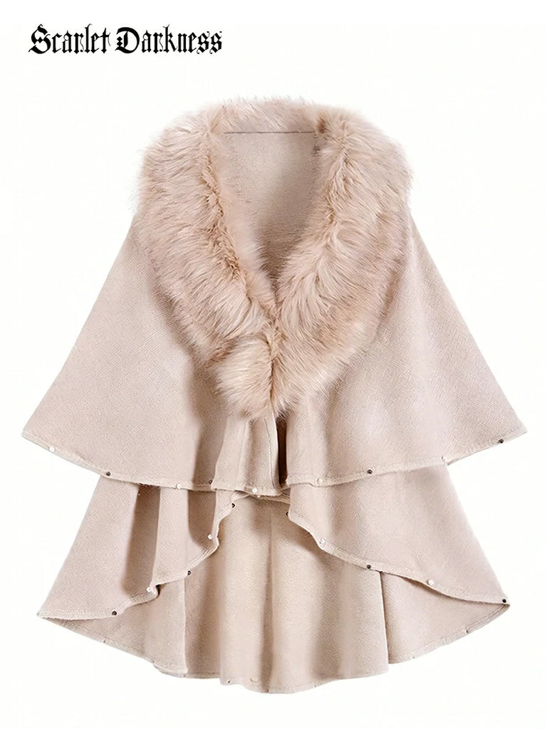 Scarlet Darkness Christmas Victorian Fur Collar Cape Shawl with Pearl Ivory 70cm Length * 180cm Chest