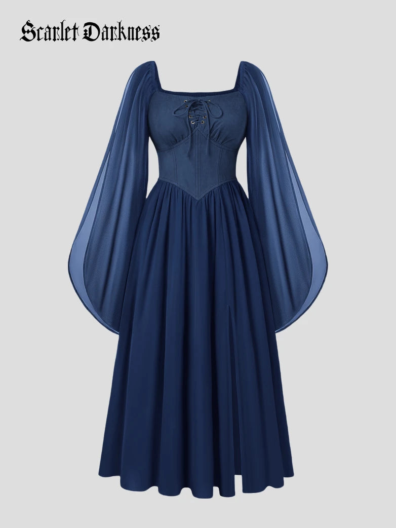 Scarlet Darkness Renaissance Pockets Chiffon Flowing Sleeve Maxi Dress Blue / L