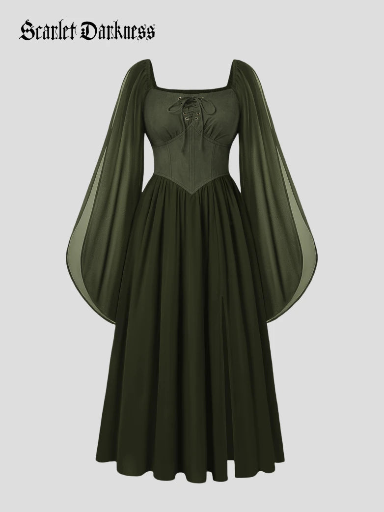 Scarlet Darkness Renaissance Pockets Chiffon Flowing Sleeve Maxi Dress Olive green / S