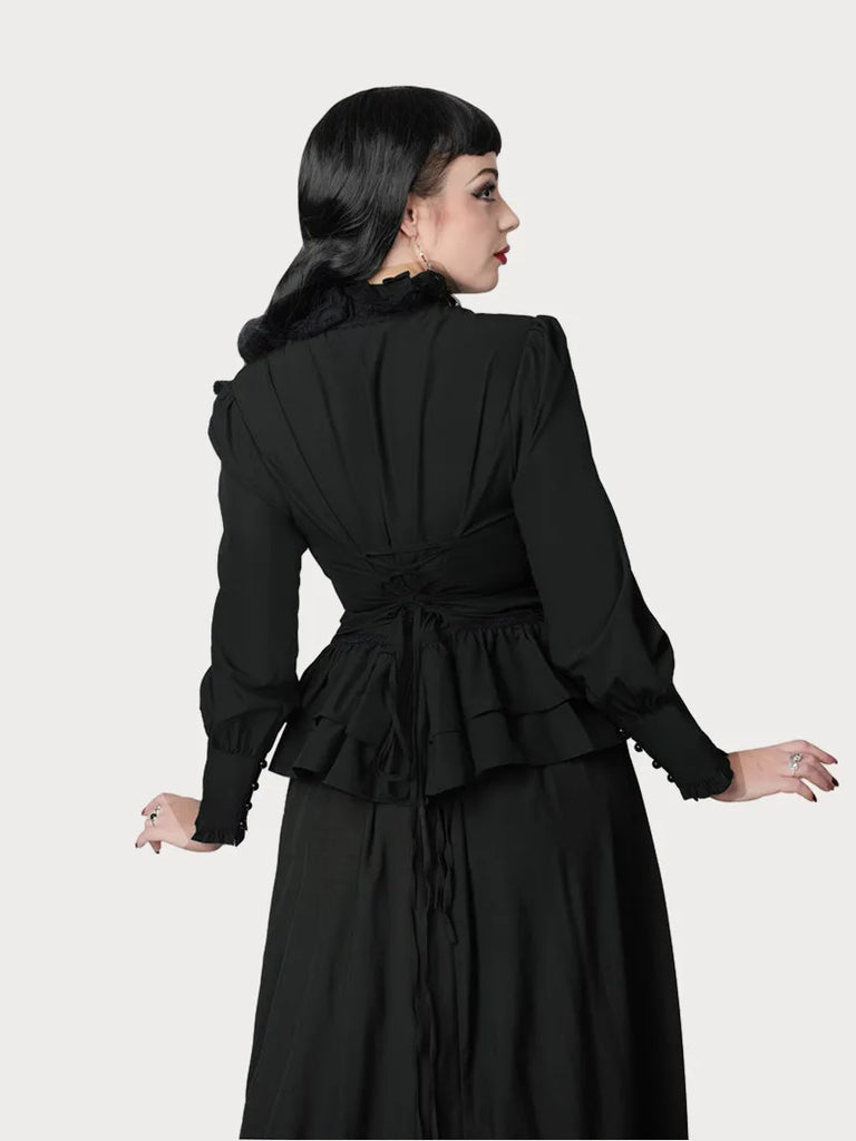Long Sleeve Button Stand Collar Corset Lacing Tops SCARLET DARKNESS