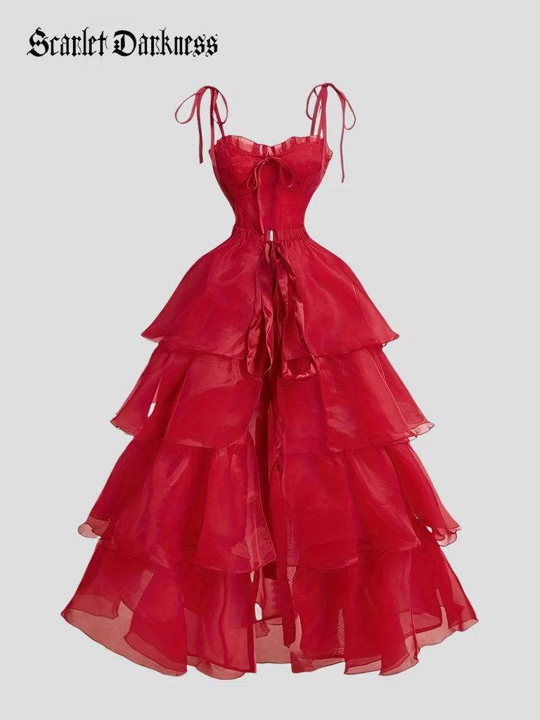 Scarlet Darkness Victorian Two Piece Corset Dress with Tiered Ruffle Overskirt