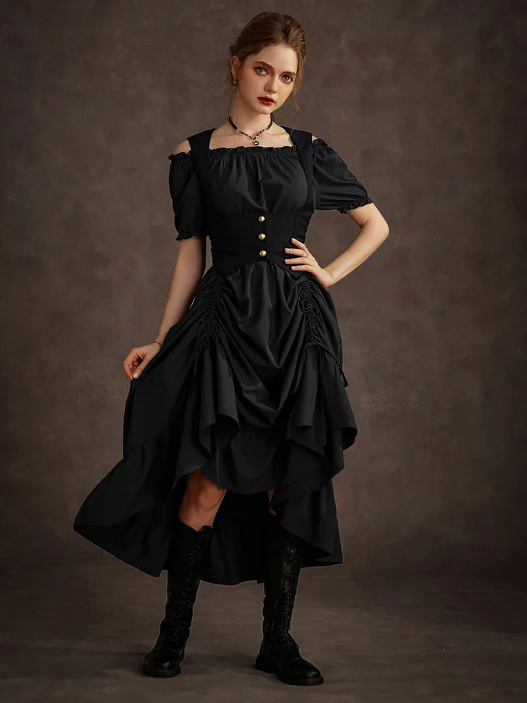 Steampunk Costume Off Shoulder Dress+Under-Bust Vest SCARLET DARKNESS