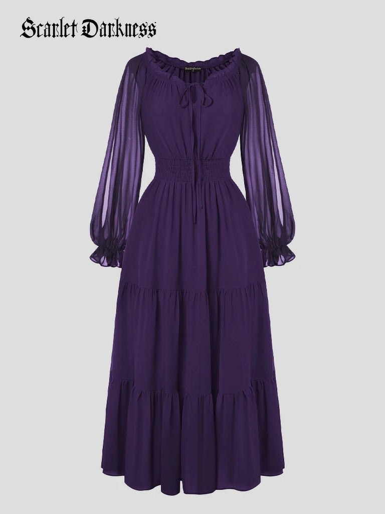 Scarlet Darkness Renaissance Chiffon Sleeve Elastic Waist Pocket Dress