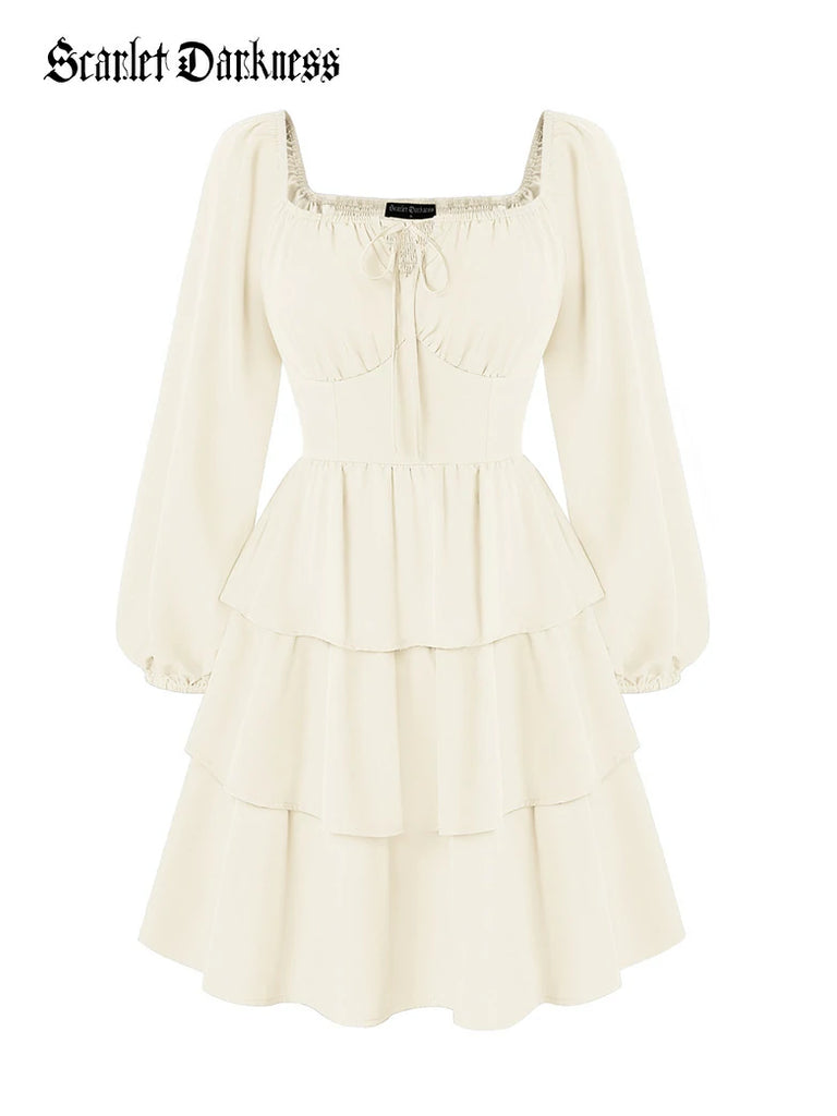 Scarlet Darkness Renaissance Elastic Waist 3 Layed Pocket Dress Apricot