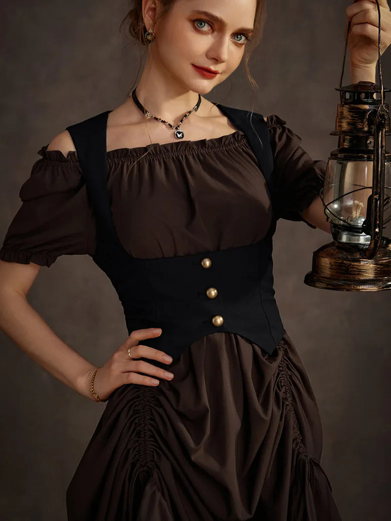 Steampunk Costume Off Shoulder Dress+Under-Bust Vest SCARLET DARKNESS