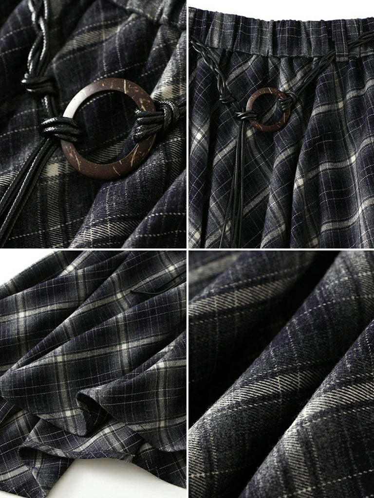 Scarlet Darkness 2025 Retro Plaid Irregular Midi Skirt with Tie