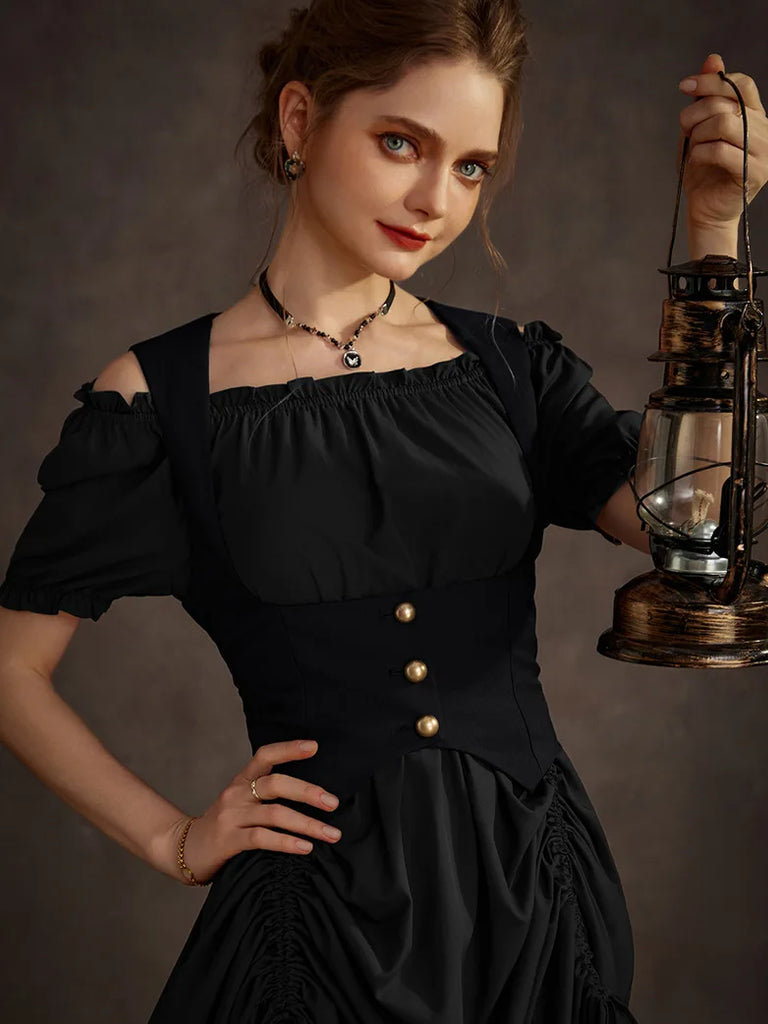 Steampunk Costume Off Shoulder Dress+Under-Bust Vest SCARLET DARKNESS