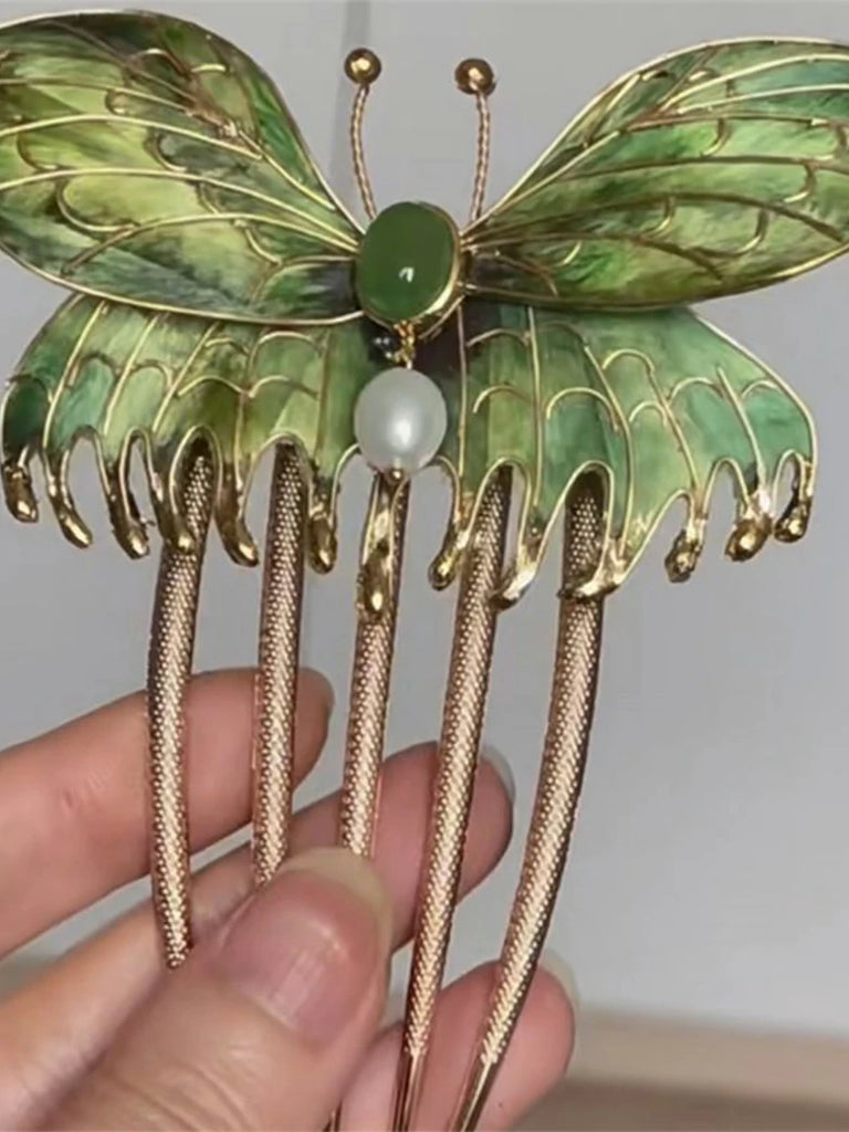 Scarlet Darkness Titanic Velvet Flower Butterfly Hair Comb Green